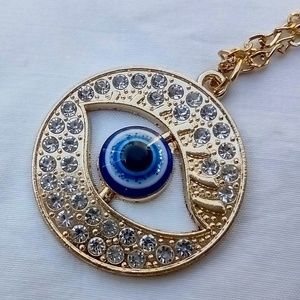 Big & Garish Gold Tone & Rhinestone Studded Evil Eye Pendant on 20" Faux Chain
